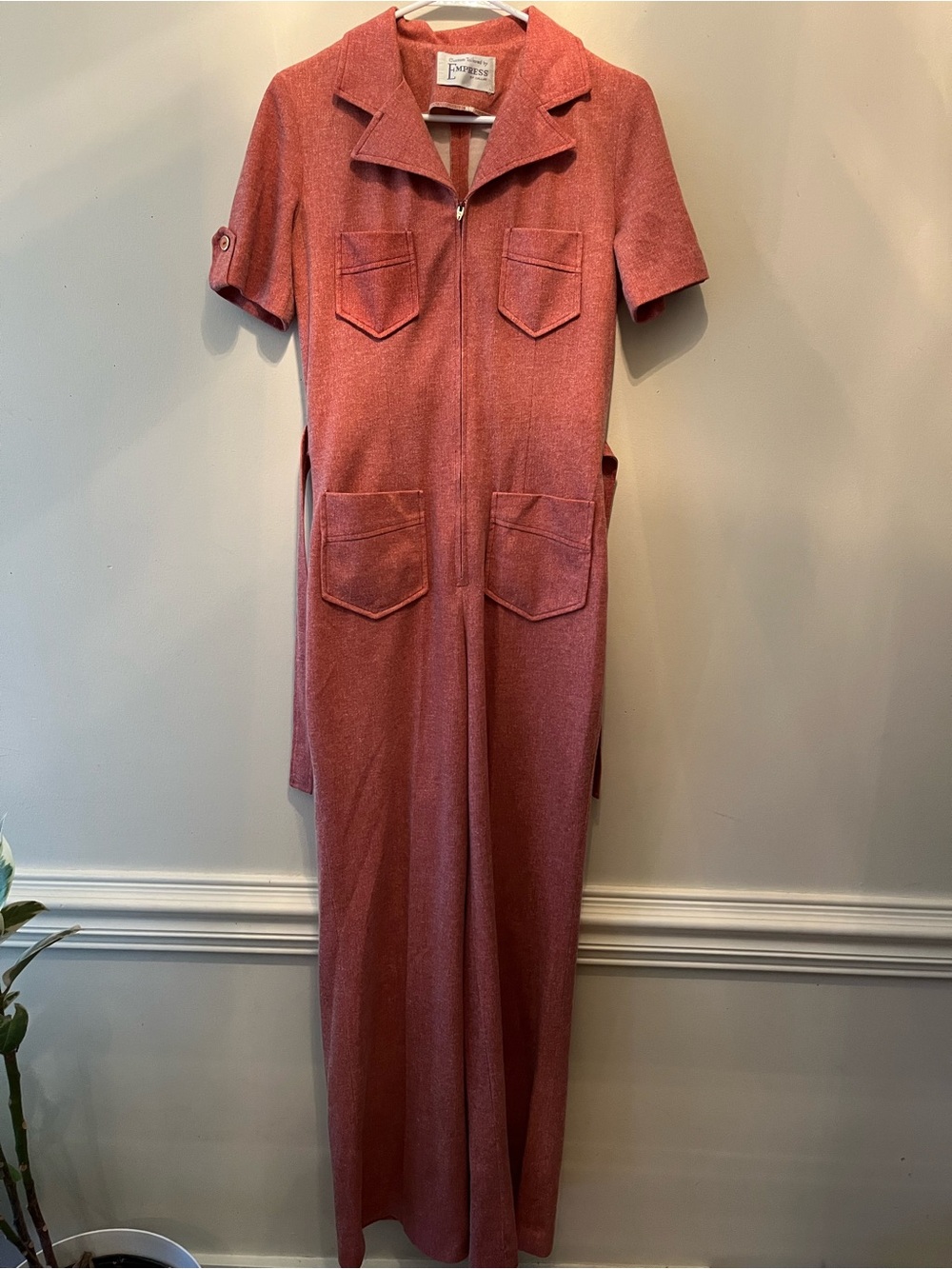 Vintage 60s Short-Sleeve Zip-Front Long Jumpsuit size medium ties in back